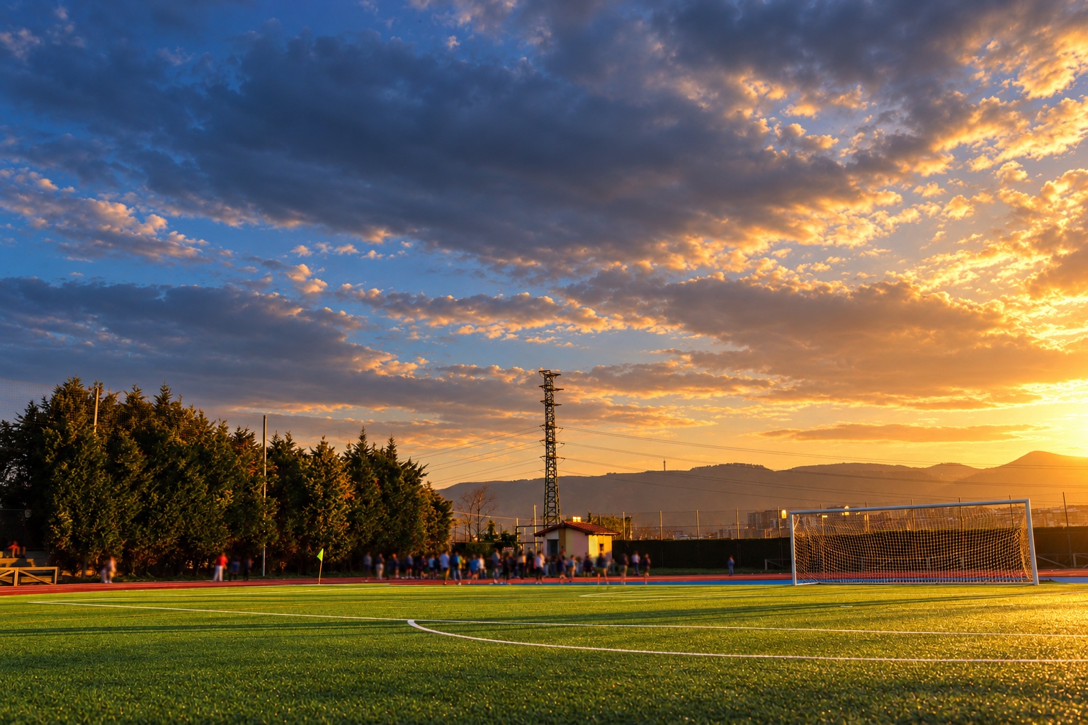 Campo de fútbol de césped artificial al atardecer, con portería, árboles y montañas al fondo bajo un cielo de nubes doradas.